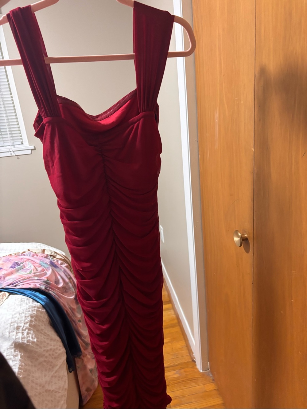 Red Ruched Midi Dress - Picture 4 of 6